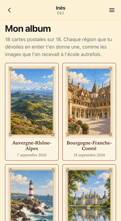 Mon album&nbsp;: les cartes postales illustrées de chaque région, chacune avec sa date, comme des images de récompense d’autrefois.