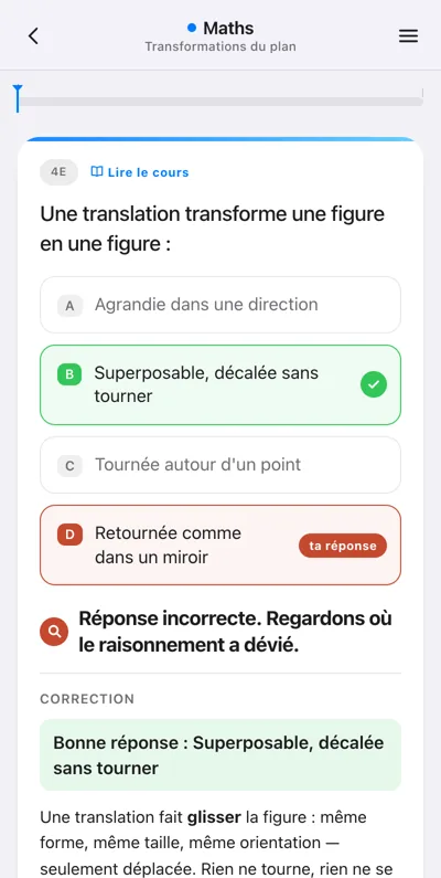 Écran de correction de l’application