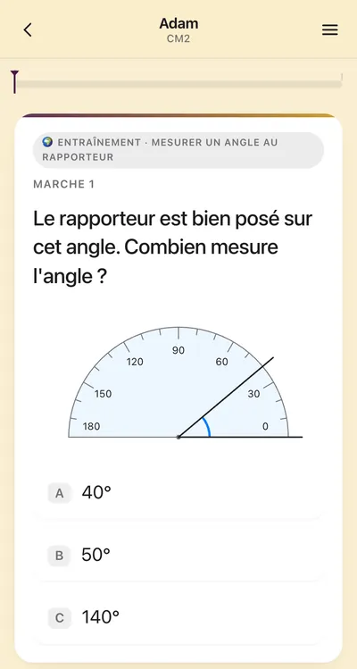 Pour aller plus loin, en CM2&nbsp;: mesurer un angle au rapporteur, avec le rapporteur dessiné sur l’angle et trois réponses possibles.