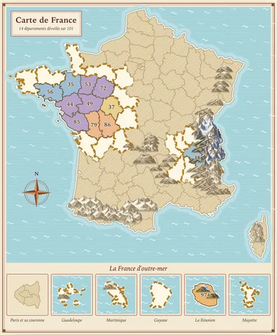 La carte de France d’une élève fictive de CE2&nbsp;: quatorze départements dévoilés en couleur, les autres dans le brouillard, les montagnes des Alpes en couleur et enneigées, l’outre-mer en bas.