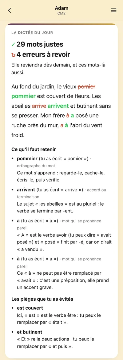 La dictée du jour corrigée, en CM2&nbsp;: quatre erreurs (pommier, arrivent, a posé, à l’abri), chacune nommée et expliquée, puis les pièges évités.