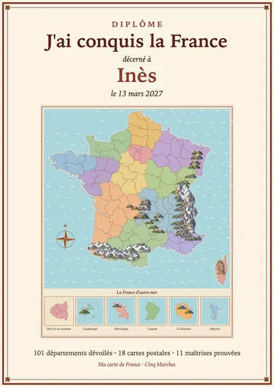 Le grand diplôme «&nbsp;J’ai conquis la France&nbsp;», décerné à une élève fictive, avec sa carte de France entière.
