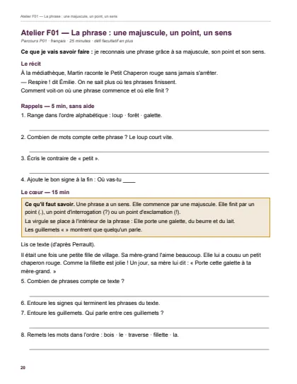 Première page de la séance « La phrase : une majuscule, un point, un sens » du cahier de la Toussaint de CE2.