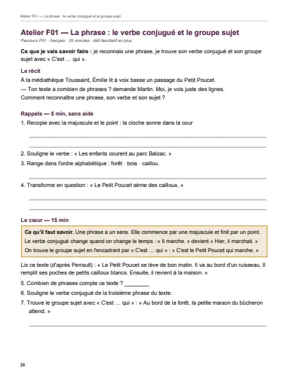 Première page de la séance « La phrase : le verbe conjugué et le groupe sujet » du cahier de la Toussaint de CM1.