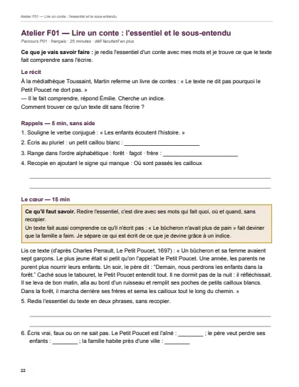 Première page de la séance « Lire un conte : l’essentiel et le sous-entendu » du cahier de la Toussaint de CM2.